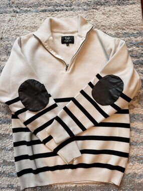 EllandEmm Cream Black Striped Half Zip Sweater Elbow Patches S/M